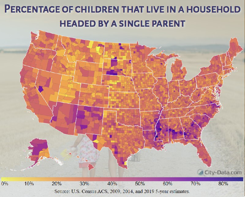 OC生活在单亲家庭中的儿童百分比OC Percentage of children that live in a household headed by a single parent