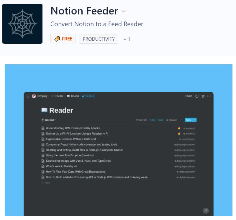 #NotionFeeder : 在 Notion 自架一个 RSS 阅读器终于有一款基于 #Notion 的 #RSS阅读器 了