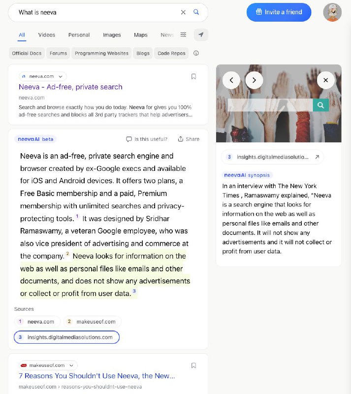 #App🔭 Neeva：更加个性化、隐私保护的搜索引擎✨ Features- 更少的广告- 横版卡片式的搜索结果展示- 自定义搜索结果权重- 基于 AI 的回答并附带引用- 整合热门社区网站搜索结果：Reddit，Medium，Quora，Stackoverflow- 搜索个人云空间：Google 全家桶，Dropbox，Notion，Github，Office 365，Jira，Figma，Slack- 新闻立场偏好排序- 旅游信息整合页面- 全平台支持，包括浏览器插件，手机版浏览器👀 感想其实以前我就开始使用 Neeva 了，因为它对于搜索结果的整合要好于 Google，并且广告更少