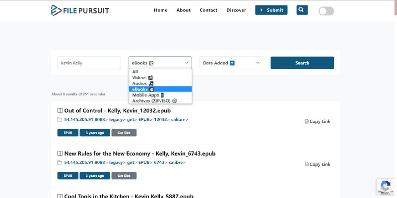 全网文件搜索引擎FilePursuit这个网站非常爆炸，它可以在全网搜索特定文件包括视频/音频/电子书/软件/压缩包等文件，它在不断的抓取全网可访问的免费资源，文件搜索版谷歌，比谷歌高级搜索 filetype:PDF 好用太多，感觉可以作为常驻资源搜索，音频文件等是个不错的资源聚合方向