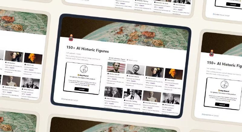 #AI #历史 #Prompt #ChatGPT💬与 150+ 历史名人对话📃这是一个 AI Prompt 模板在可支持对话的 AI 中输入其提供的 Prompt ，你可以和 150+ 位历史名人对话其中不乏希特勒、佛祖这样的大人物📢关注频道：@geekshare 💬加入群聊：@igeekshare📮欢迎投稿：@Geekshare_bot