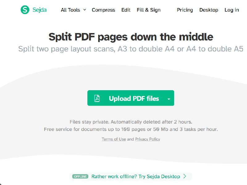Sejda – 将 PDF 页面从中间拆分：A3 尺寸试卷切割为 A4 尺寸，方便打印所有上传书句只保存 2 个小时，使用限制是 100 页以内、50Mb 以下，以及每小时 3 个任务