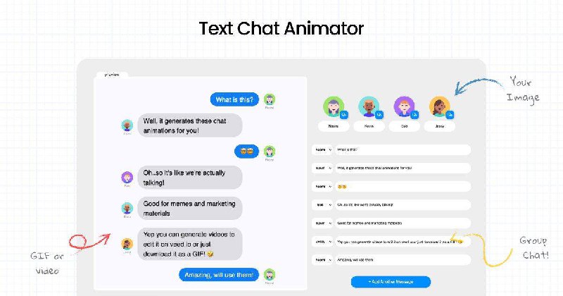 #Web #Tools💬 Text Chat Animator：在线制作虚拟对话动画🔗：Web👉 Features- 最多支持四个虚拟人物，可自定义头像- 为不同人物定制说话顺序和发言内容- 自定义下一条对话弹出延迟- 以 .webm 视频或 GIF 动图形式保存🤠 在许多网站的右下角，我们都能看到对话图标，点开就是与客服的对话框